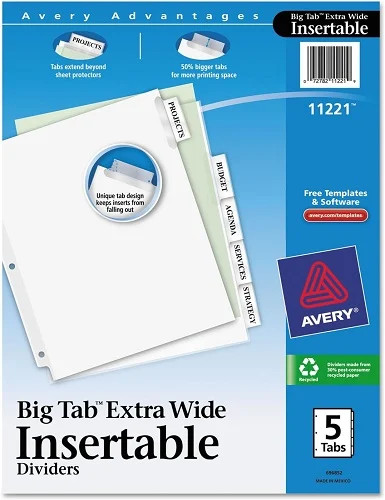 Big Tab(TM) Extra-Wide White Insertable Dividers 9.25×11-1/8in 5 Tab – 1EA