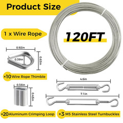 1/8 Inch Wire Rope, 120FT Stainless Steel Cable, 7X7 Strands Steel Wire Kit with