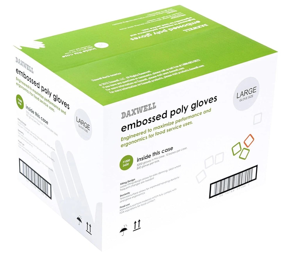 Poly Gloves, Embossed, Large, Clear, Box of 5000, large, 10 boxes of 500 inside