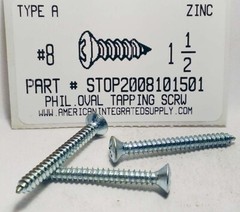 #8×1-1/2 Oval Head Phillips Tapping Screws Steel Zinc Plated (50)