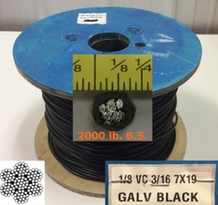 Vinyl Coated Steel Aircraft Cable Wire Rope 100 ft 1/8″ VC 3/16″ 7×19 Black