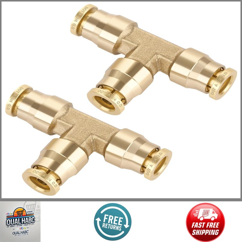 2Pcs 1/4″ Brass Push-to-Connect Tee DOT Approved Air Line Fitting Adapter