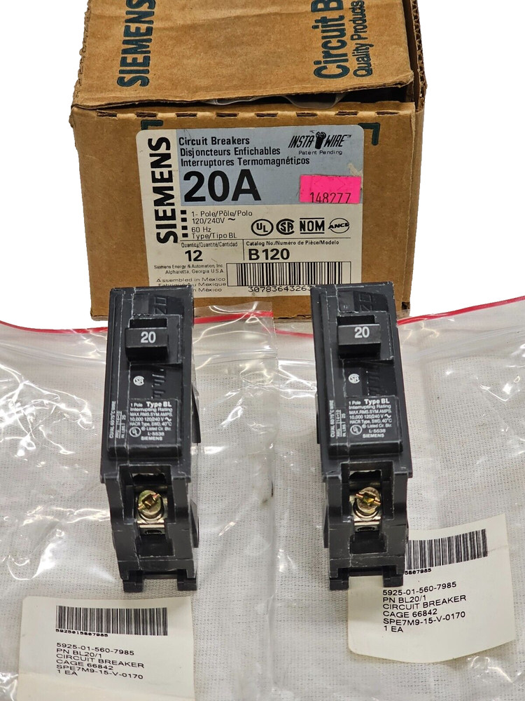 2 Siemens Panel Circuit Breaker 20A Amp 120/240V 1 Pole Bolt On B120 Type BL