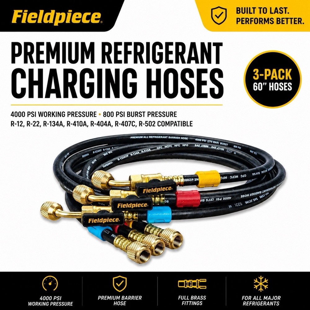 Fieldpiece HR3B HVAC Ball Valve Hose Set (3) 1/4 x 1/4 Refrigerant Charging Hose