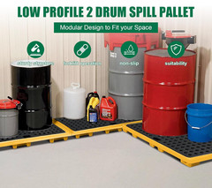 Low Profile 2 Drum Spill Containment Pallet with Drain – 2645 Lbs Capacity