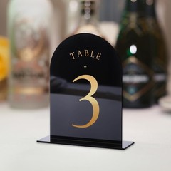 Black Arch Wedding Table Numbers with Stands 1-15, Gold Foil Printed 5×7 Dbl B22