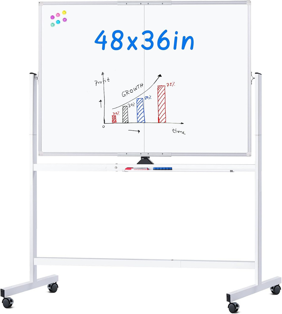 Rolling Whiteboard Magnetic Double Sided Dry Erase Board Stand & Wheels 48 X 36″