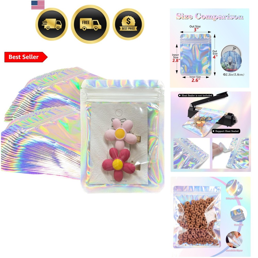 Holographic Bags 100pcs Mylar Bags 3×4 inches Resealable Bag with Party Favor…