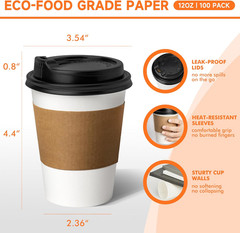 100 Pack 12 Oz Disposable Coffee Cups with Lids and Sleeves, Paper Coffee Cups f