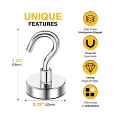DIYMAG Magnetic Hooks, 50 LB Heavy Duty Magnets, 6 Packs Strong Rare Earth Ne…