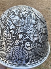 VINTAGE HAND ENGRAVED ALUMINUM McDONALD HARD HAT INDONESIA JUNGLE ANIMALS ART