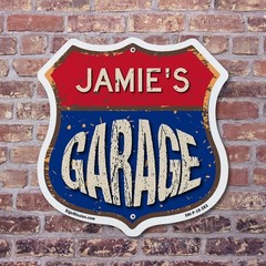 Jamie’s Garage Shield Shaped Sign Weather Resistant Crafted in the USA