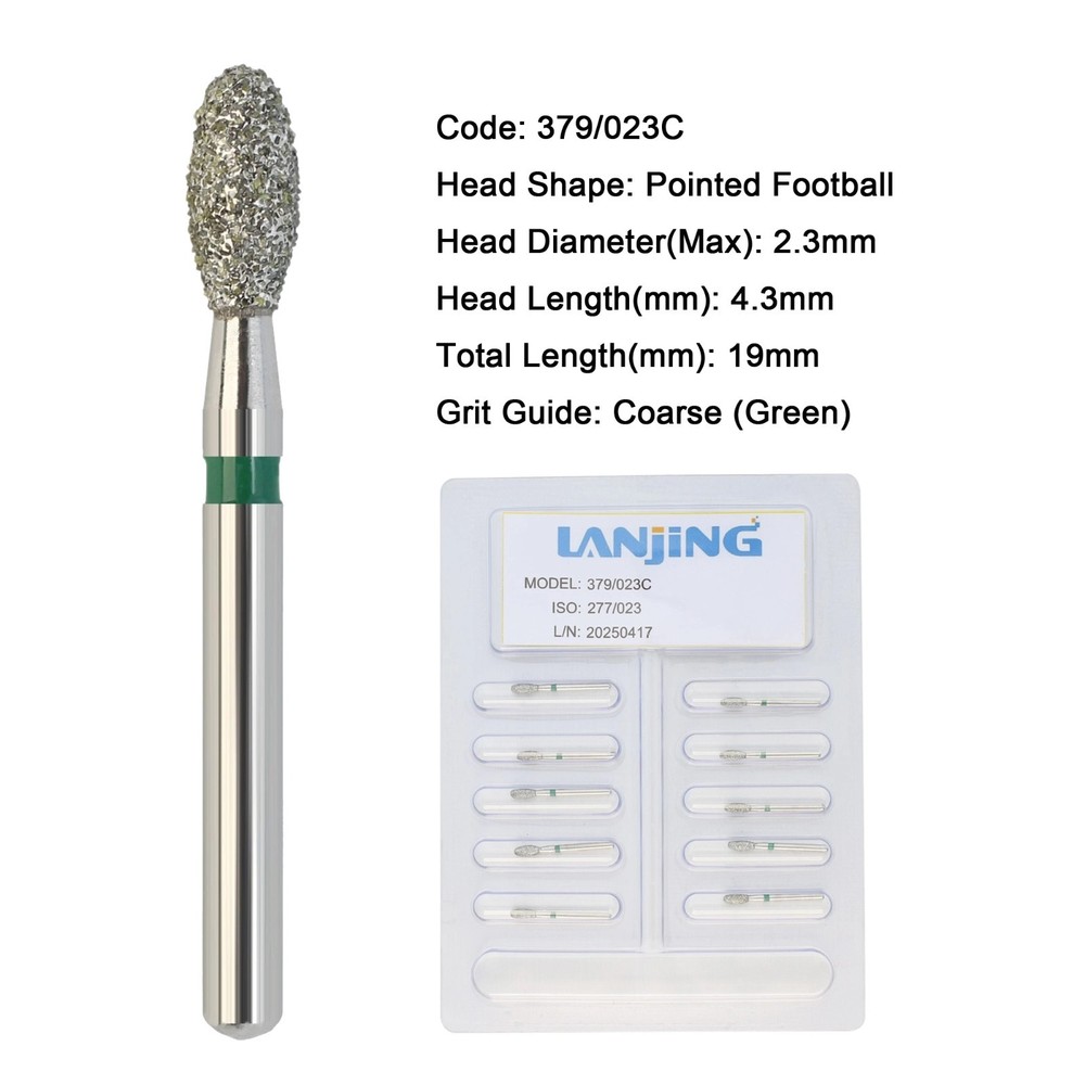 Dental Diamond Burs FG 379/023C 379/023XF Egg Football Head for High Speed 19mm