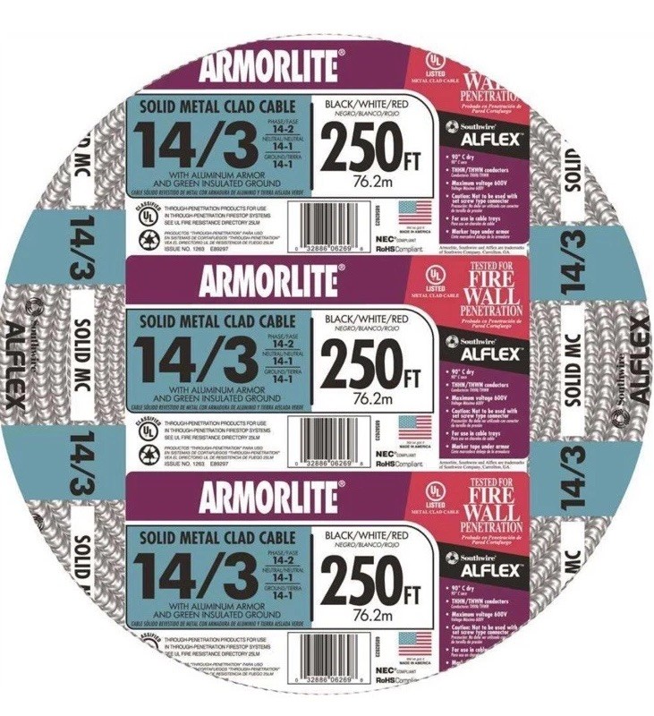 Southwire 14/3 x 250 ft. Solid CU MC (Metal Clad) Armorlite Cable #744666 Silver