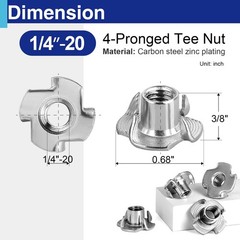100 Pack 1/4″-20 T Nuts for Wood, Zinc-Plated Carbon Steel 4-Prong Tee Nuts for.