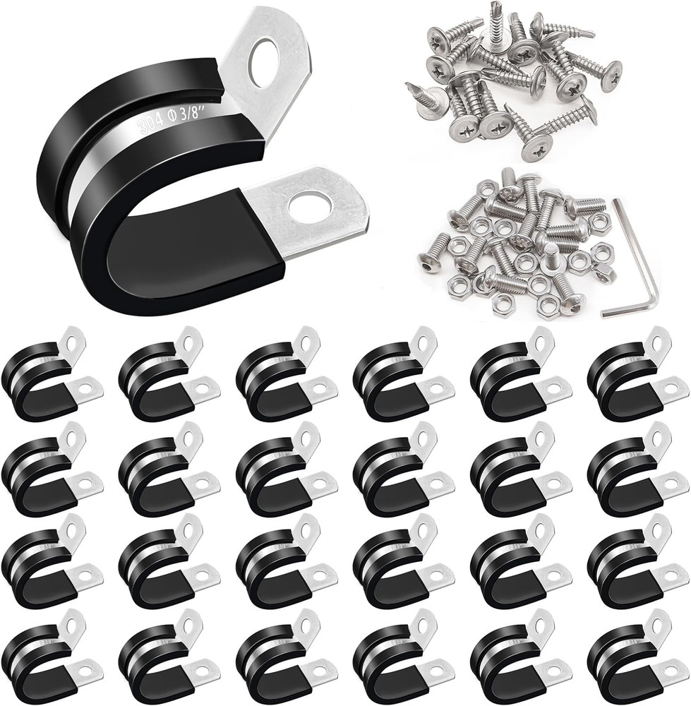 50PCS 3/8 Inch Cable Clamps 304 Stainless Steel Rubber Cushion Insulated Wire Cl