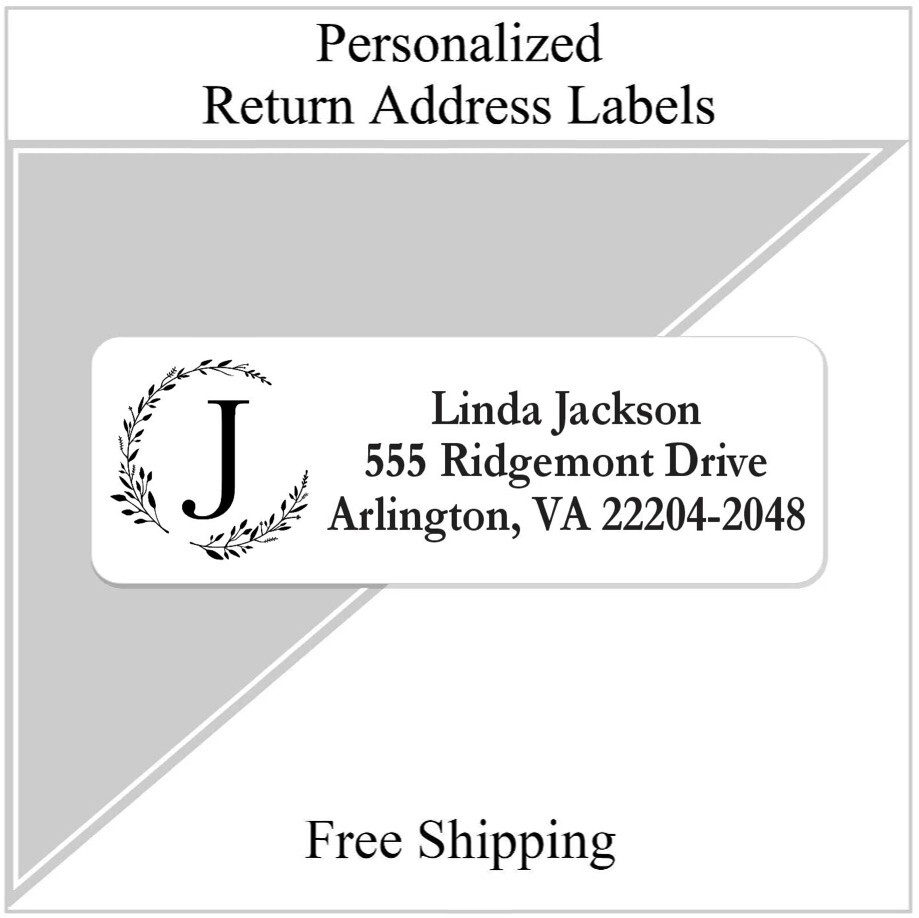 60 Return Address Labels Personalized Printed 3/4″ x 2 1/4″ Wreath Monogrammed