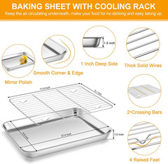 Quarter Sheet Pan with Rack Set (2 Sheets + 2 Racks), 9X13 Stainless Steel Bakin
