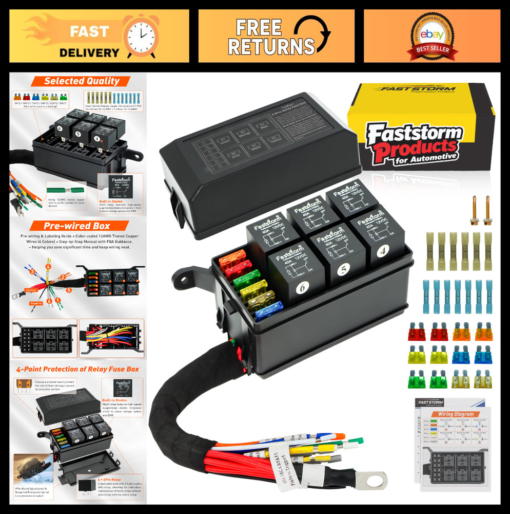 6 Way Waterproof Relay Box with Diodes, Pre-Wired 12V Panel for Car Marine Boat