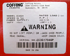 Coffing EC4024 Industrial Chain Hoist 3 HP 2 Ton 460V 24 FPM NEW Z99
