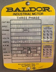 Baldor-M3555-Industrial Motor-56H-3450 RPM-208-230/460 V-3 Phase-AMPS (5.7-5.4)