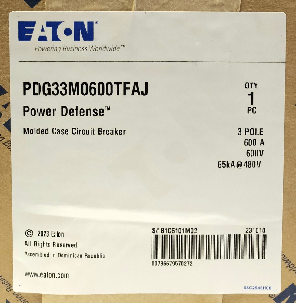 EATON PDG33M0600TFAJ 3 Pole 600 AMP Type PDG3 POWER DEFENSE Circuit Breaker