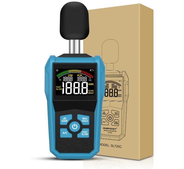 Sonómetro digital 30-130dB pantalla color A/C MAX/MIN FAST/SLOW portátil, respue