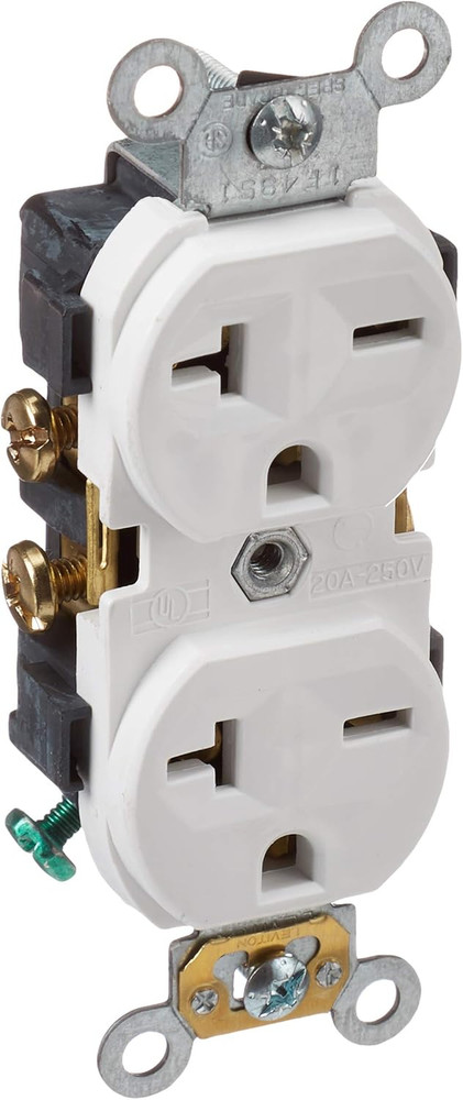 5822-W Straight Blade Single Receptacle, 250 Vac, 20 A, 2 Pole, 3 Wire, White
