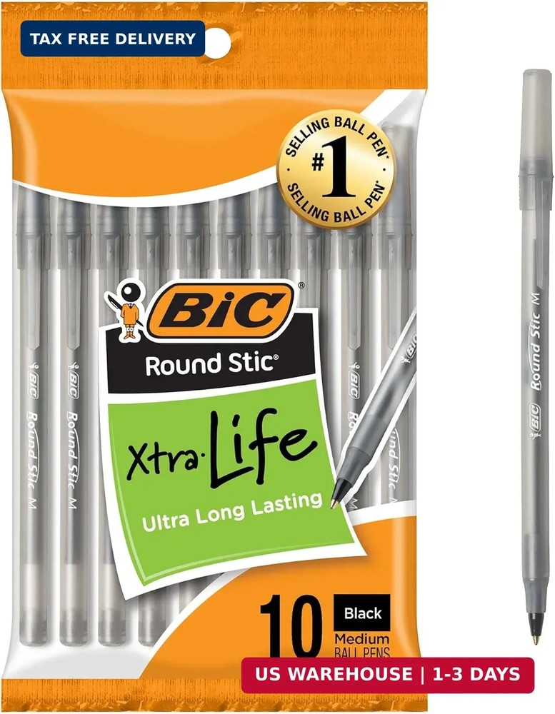 BIC Round Stic Xtra Life Black Ballpoint Pens, Medium Point (1.0mm), 10-Count Pa