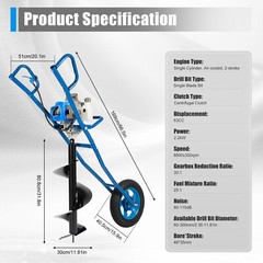 63CC 3hp Gas Powered Post Hole Digger Earth Auger Wheeled Ground Drill w/12″ Bit