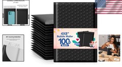 Reliable Black Bubble Mailers 4×8 Inch – 100 Padded Self-Seal Shipping Envelopes