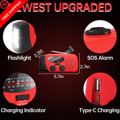 NOAA Solar Hand Crank Emergency Weather Radio with Built-in 2000mAh red