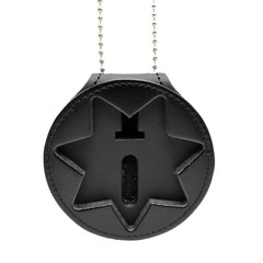 Double Thick 7 Point Star Badge Holder Clip On Neck Chain Black Leather Sheriff