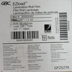 (2 ROLLS) GBC Nap-Lam 1.5 miL 25″X500′ x 1″ Core EZload Lamination Roll Film