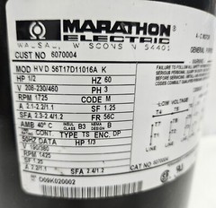 Marathon 1/2 HP Electric Motor 3 Phase 56T17D11016AK 1725 RPM 208-230/460V