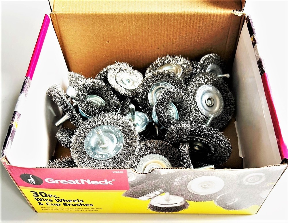 30pc GREAT NECK STEEL WIRE WHEELS & CUP BRUSHES ASSORTMENT FOR DRILLS 1/4″ SHANK