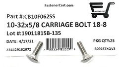 (25) 10-32 x 5/8 Carriage Bolts 18-8 Stainless Steel Fine Thread UNF