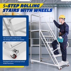 6 Step Rolling Ladder for Industrial & Warehouse w/ Handrails & 4 Lockable Wheel