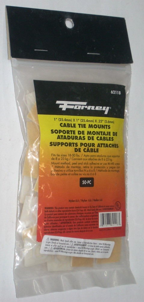 Forney 62118 White Cable Tie Mounts 1 x 1 in Square Nylon Holds 18-50 lbs 50 pk