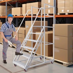 6 Step Rolling Ladder for Industrial & Warehouse w/ Handrails & 4 Lockable Wheel
