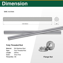 M6-1.0X250Mm Fully Threaded Rod Studs, 304 Stainless Steel Long