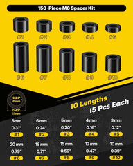 150 Pcs M6 Nylon Spacers for Screws, ID 6 Mm & OD 11 Mm, 10 Lengths – 3 Mm 4 Mm