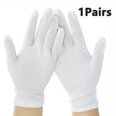 1 Pair White Cotton Full Finger Gloves for Driving Work Service Use