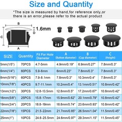 200Pcs 9 Sizes Nylon Plastic Hole Plugs Black Round Hole, Flush Type Panel