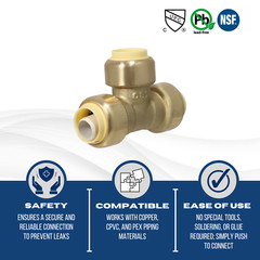 2) 1/2″ Push-Fit Tee w. 1 Free Removing Clip, Lead Free Brass
