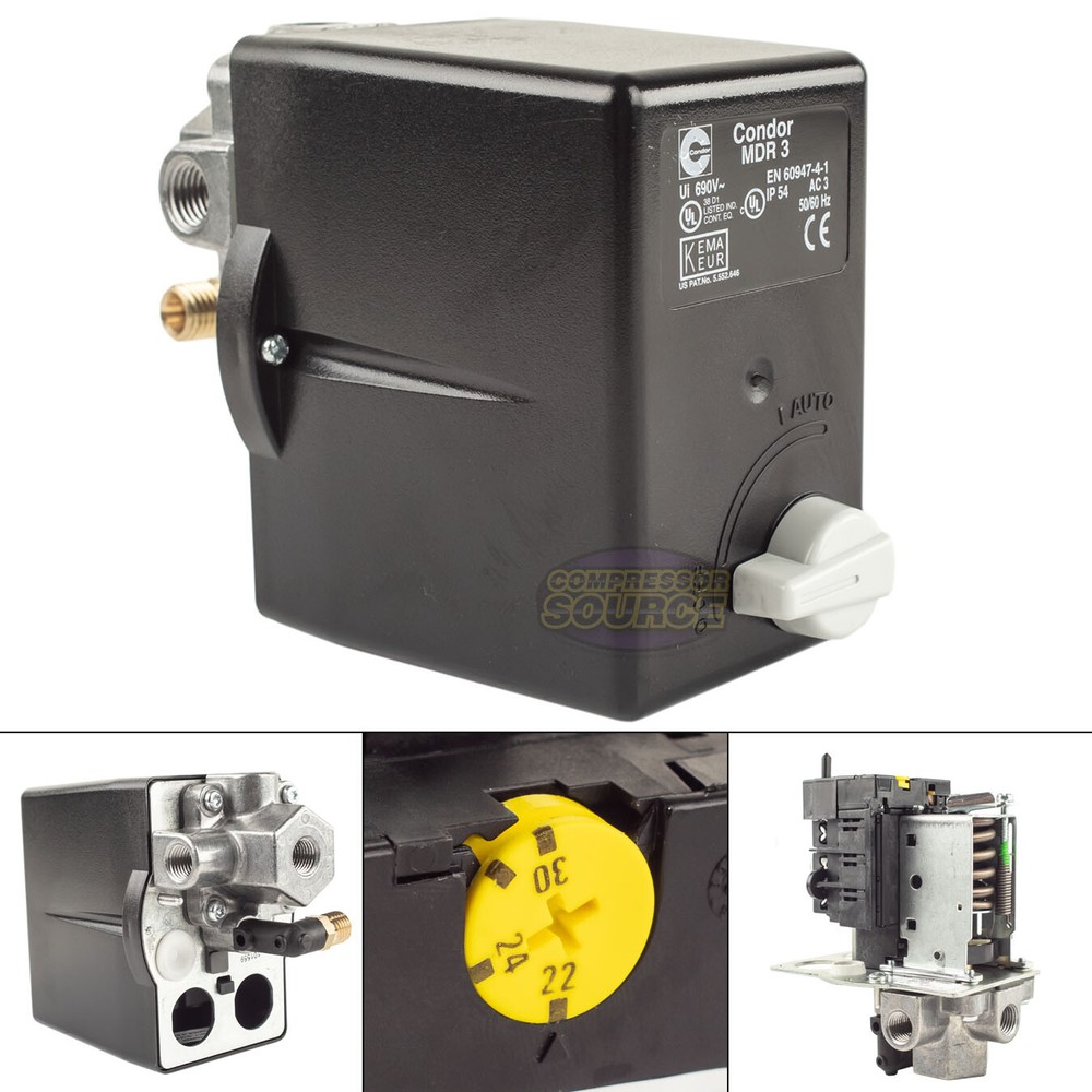 Condor MDR3/16RM 145-175 PSI 4 Port Pressure Switch 22A – 30A Overload 1/4″ FNPT