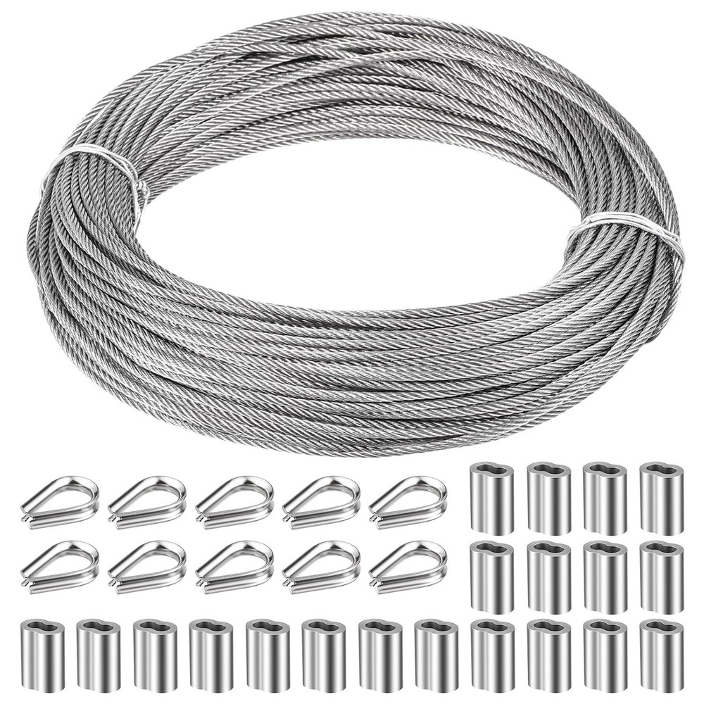 1/8″ Stainless Steel Cable 100ft Wire Rope Metal Cable with Loop Sleeve and S…