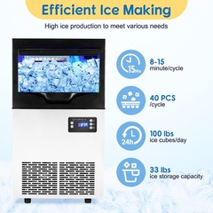 Stainless Steel Commercial Ice Maker 100LBS/24H 33LBS Capacity Self-Cleaning Per