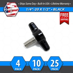 1/4″-20 x 1/2″ Thumb Screw Stainless Steel – Black Tee / Wing Knob – USA