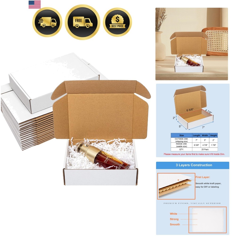 Shipping Boxes 7x5x2″ 25 Pack – White Corrugated Cardboard Box Mailers for Sm…